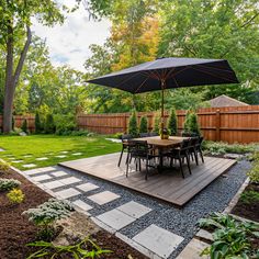 a patio with an umbrella and table in the middle