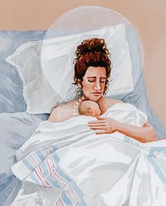 a painting of a woman laying in bed with a baby wrapped up to her chest