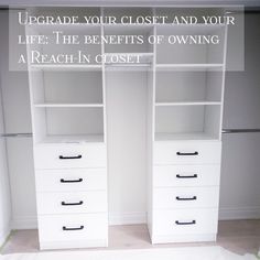 two white closets with drawers and shelves in the middle, one is open to reveal clothes