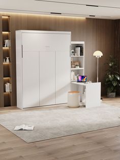 a living room with white furniture and wooden flooring on the walls, along with bookshelves