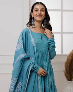 Beat the heat with effortless style in our Light Blue Hand Block Printed Anarkali Set. Made with the finest mul-mul fabric, this suit set is perfect for making a fashion statement even in soaring temperatures. Stay cool and chic even in heat. No. of pieces - 3 piece set. Color - Light Blue. Fabric - Mul-Mul. Washing Instructions - Dry Clean. Diwali Blue Cotton Silk Anarkali Set, Blue Anarkali Palazzo Set In Cotton Silk, Blue Anarkali Style Cotton Silk Palazzo Set, Blue Anarkali Cotton Silk Sharara, Semi-stitched Cotton Silk Blue Anarkali Set, Indigo Anarkali Set For Diwali, Semi-stitched Indigo Anarkali Salwar Kameez, Indigo Anarkali Salwar Kameez Semi-stitched, Designer Anarkali Kurta In Indigo