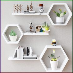 three white hexagonal shelves with plants and books on them, one shelf has an air plant