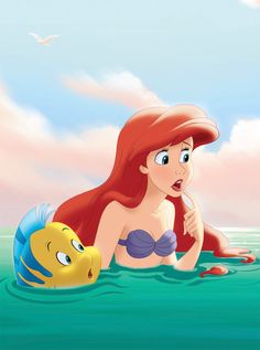 the little mermaid is sitting in the water with her finger on her mouth and looking at something