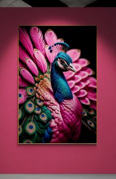 a colorful peacock is shown in front of a pink wall