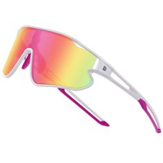 a pair of white sunglasses with pink and yellow mirrored lenses on the top of it