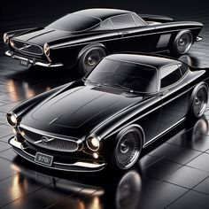 two black sports cars are shown in this artistic photo, one is shiny and the other has chrome rims