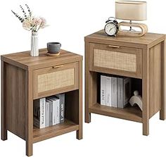 two nightstands side by side with one open and the other closed, both made of wood