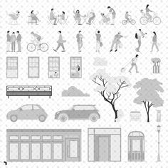 the silhouettes of people walking and riding bikes are shown in this graphic art work