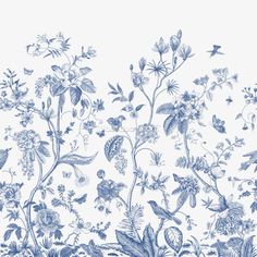 a blue and white floral wallpaper with birds, flowers, and plants on it