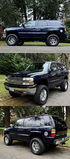 four different views of a black suv parked on the side of a road with trees in the background