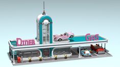 a pink car is parked in front of a building with a sign that says diner girls