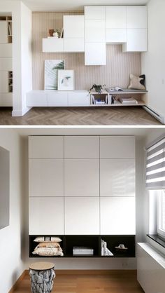 two pictures side by side of a kitchen with white cabinets and wood flooring, one has