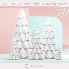 three white paper christmas trees in front of a pink background with the text svg dxf files