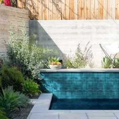 an empty swimming pool surrounded by greenery and flowers in a backyard area with a wooden fence