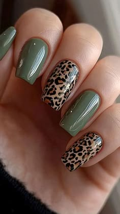 Khaki Tips Nails, Green Nails With Leopard Print, Fall Leopard Print Nails, Khaki Nail Designs, Leopard Fall Nails, Khaki Green Nails, Fall Green Nail Designs, Autumn Green Nails, Green Leopard Nails