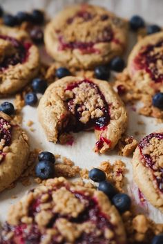 blueberry crumbs and oatmeal cookies are arranged on a sheet of parchment paper