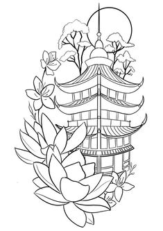 a drawing of a pagoda with flowers in the foreground