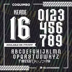 the font and numbers are displayed in this typeface for an advertisement or poster design