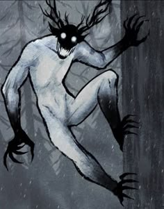 an image of a creepy creature in the woods with snow falling on his face and hands