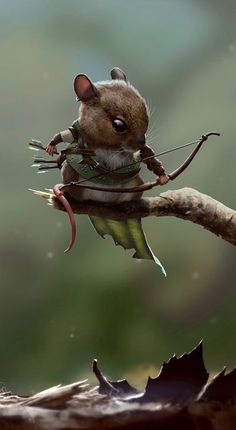 a little mouse is sitting on top of a tree branch with an arrow in its hand