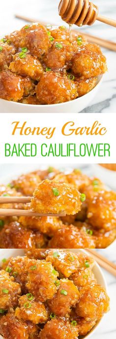 honey garlic baked cauliflower in a white bowl with chopsticks