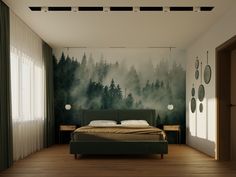 a large bed sitting in the middle of a bedroom next to a wall with trees on it