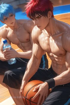 two anime guys with red hair sitting on a basketball court, one holding a water bottle