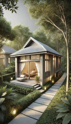 an artist's rendering of a small house in the middle of trees and bushes