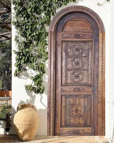 an old wooden door with vines growing on the wall and potted plant next to it