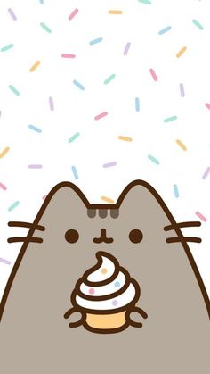 a cat with a cupcake in its mouth and sprinkles on the background