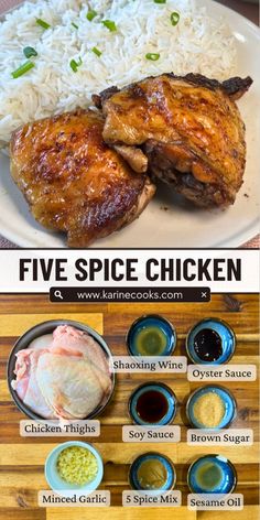 the ingredients for five spice chicken on a plate with rice, sauces and seasonings