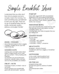 a recipe for breakfast that includes eggs and toasted bread, with the words simple breakfast ideas on it