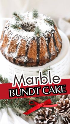 a bundt cake on a plate with pine cones around it and the words marble bundt cake