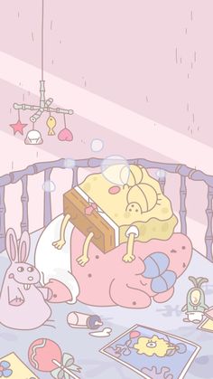 a cartoon character sleeping in his crib surrounded by toys