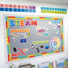 a bulletin board with magnets on it in a classroom area that is decorated with school supplies