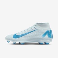 the nike superfly pro football cleat is shown in white and light blue