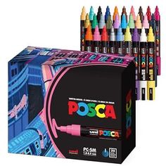 a box of assorted colored crayons with the words posca on it