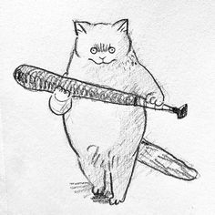 a drawing of a cat holding a baseball bat