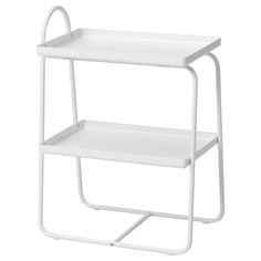 a white shelf sitting on top of a metal stand with two shelves underneath the shelf