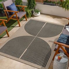 an outdoor area with chairs, rug and potted plants