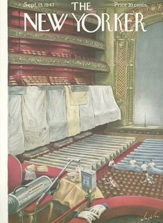 an advertisement for the new yorker showing clothes drying on racks in front of a stage