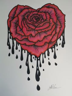 a drawing of a red rose with black drops on the petals and dripping water around it