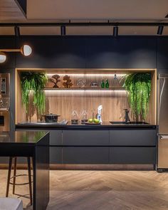 a modern kitchen with stainless steel appliances and plants