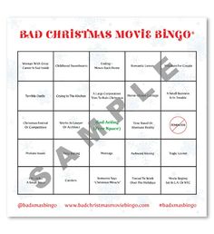 the bad christmas movie bingo game is shown in red and white with snowflakes on it