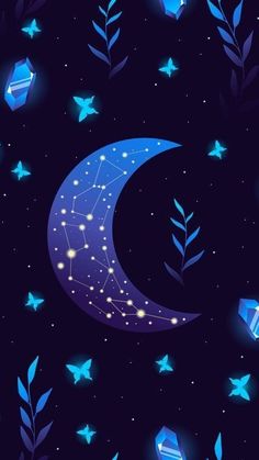 the night sky with stars and crescent moon in it, surrounded by blue plants and leaves