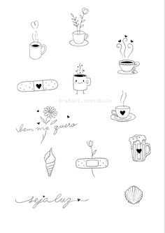 a black and white drawing of coffee related items with the word love spelled in cursive writing