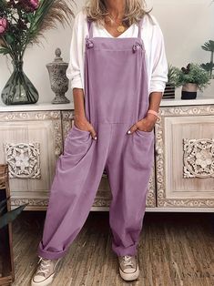 Lasaky - Adjustable Loose Suspender Pants with Solid Color, Casual Pocket Jumpsuit Tied with Belt Plus Size Overalls, Suspenders Casual, Knee Length Leggings, Plus Size Jumpers, Overalls Casual, Edgy Looks, Pocket Jumpsuit, Suspender Pants, Jumpsuit Summer