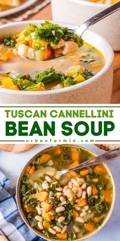 Craving a cozy meal? Here's an easy comfort food recipe in just 30 minutes. This soup idea for dinner modifies the traditional ribollita, making it vegan, gluten-free, and nut-free. Thick and creamy with hearty kale, this Tuscan cannellini bean soup is so good! Soup Tuscan, Bean Soup With Kale, Cannellini Bean Soup, Creamy Beans, Tuscan Cooking, Soup With Kale, Tuscan Bean Soup, Bean And Bacon Soup, Cannellini Bean