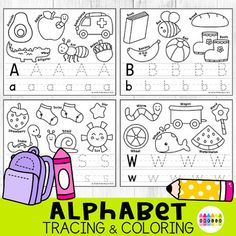 the alphabet worksheet with pictures of animals, letters and numbers to be colored