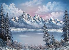 a painting of snow covered mountains and trees in the foreground, with water below